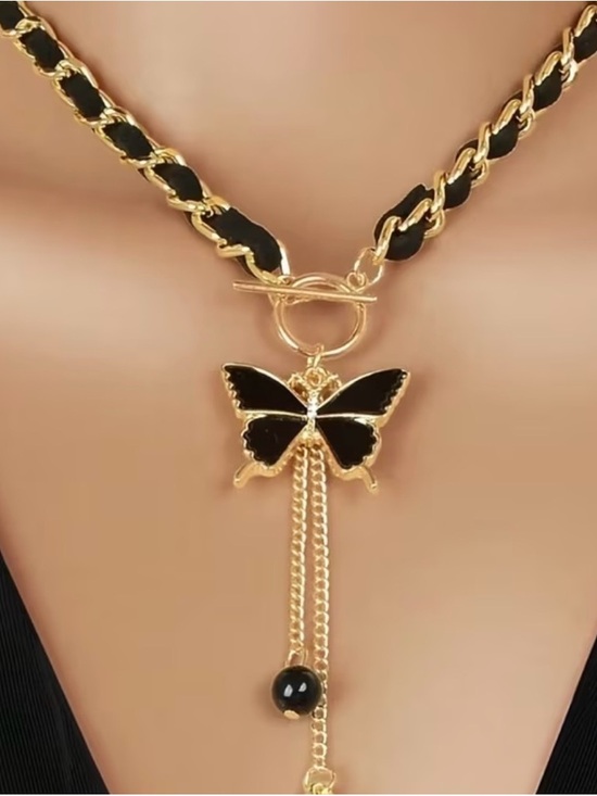 Jewelry - Gold and Black mother of Butterfly Pendant Necklace - Women Jewelry